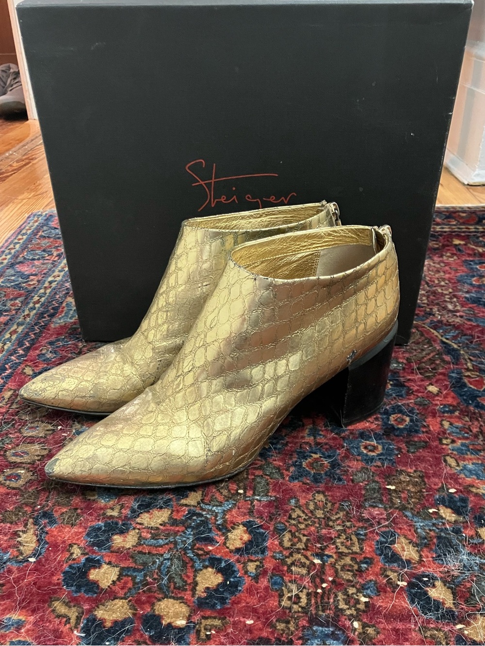 VTG Walter Steiger Back-Zip Metallic Block-Heel Ankle Boots